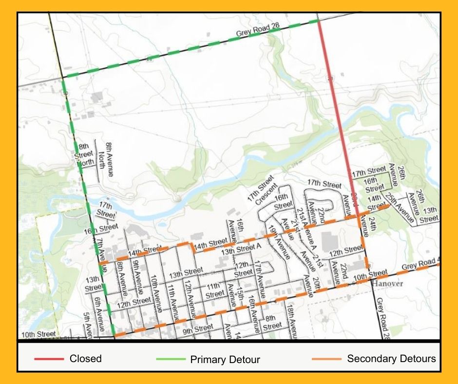 Map showing the location of the road closure of Grey Road 28