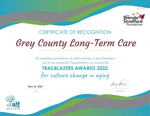Award certificate nominating Grey County for a Trailblazer award from the Research Institute for Aging.