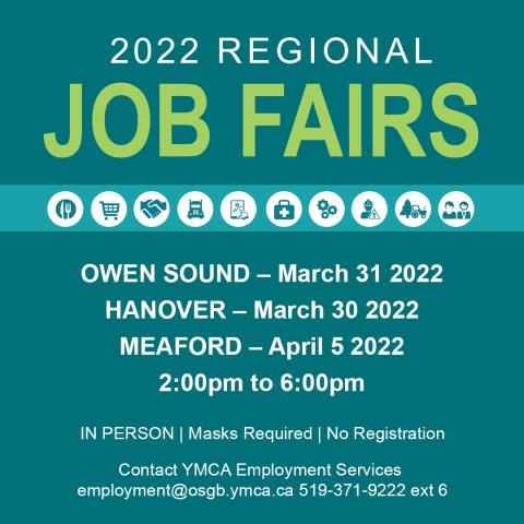 Poster noting the regional job fair is returning with locations in Owen Sound, hanover and Meaford. 