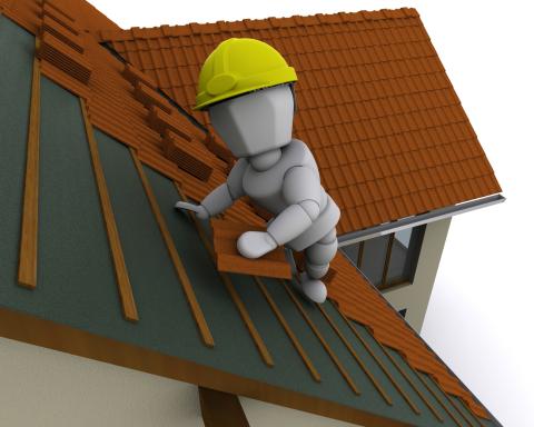 A graphical image of a cartoon person on a ladder wearing a hardhat and replacing a roof.