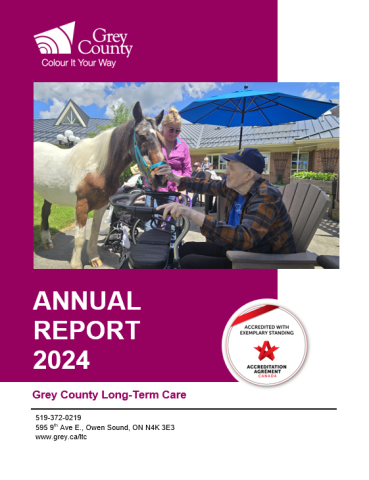 Cover of 2024 LTC annual report. Image is an elderly man petting a pony in front of the home. 