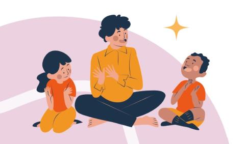 Illustration of adult and two children sitting on floor